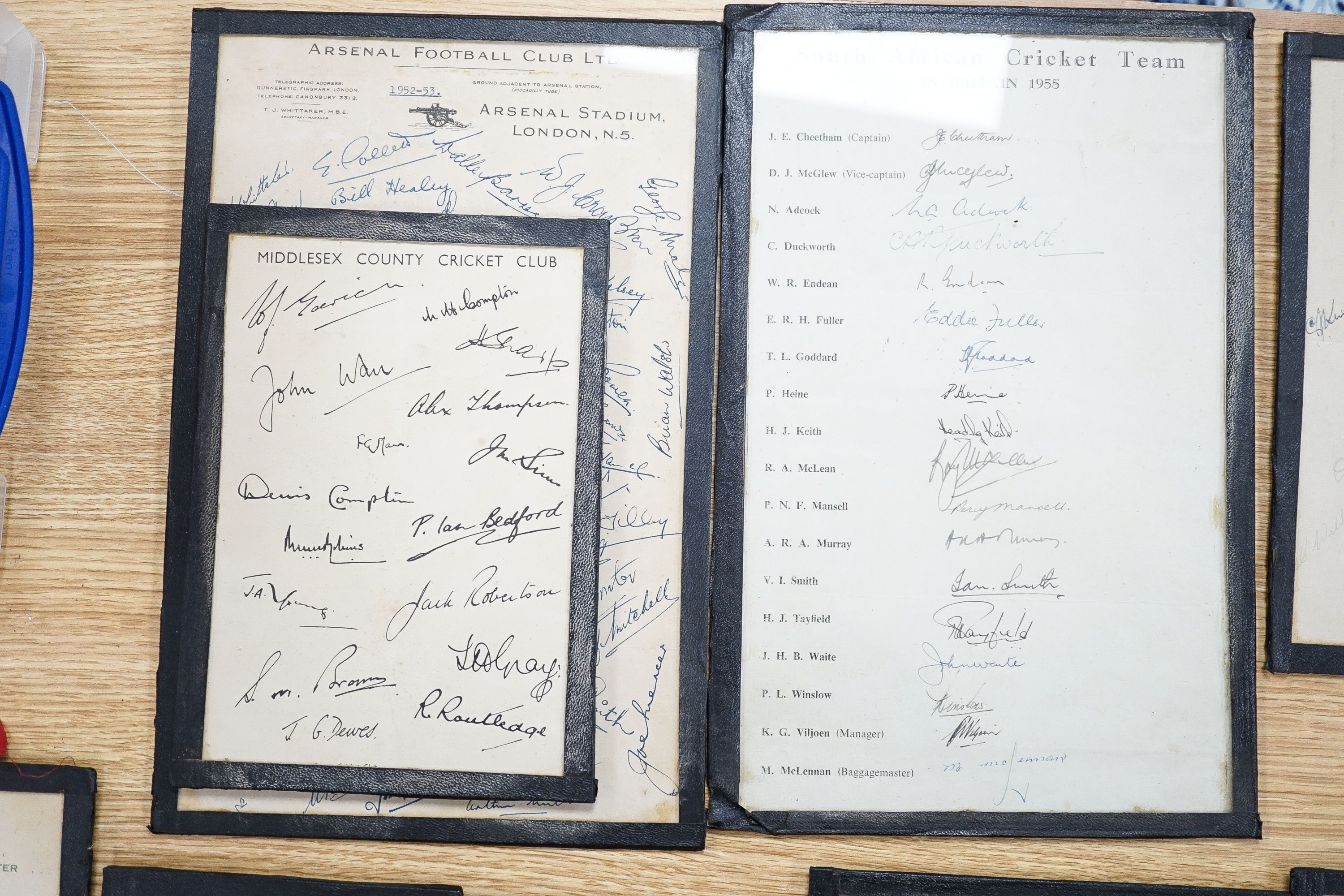 1950s cricket signatures for Australian and England Ashes teams 1954-5, Kent, Worcester and Hants cricket teams and facsimile Arsenal 1952-53 First division winning side